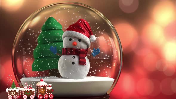 Animated christmas snow globe with snowman holiday greeting card background with copy space