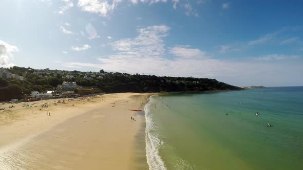 Aerial View Of Beach And Seaside, Coastline  of Carbis Bay, St Ives, Cornwall, Penzance