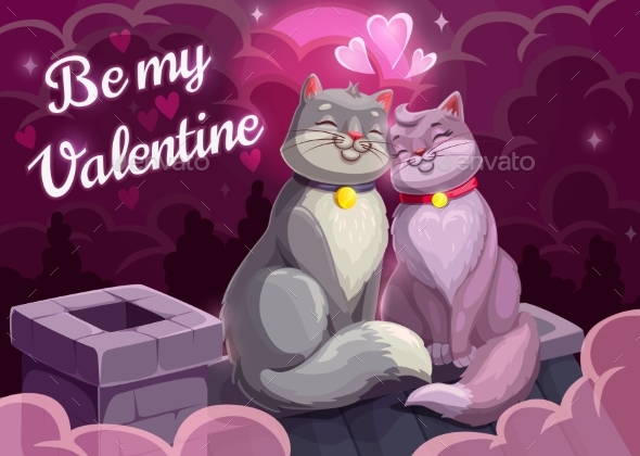 Cats on Roof with Hearts, Valentines Day Card