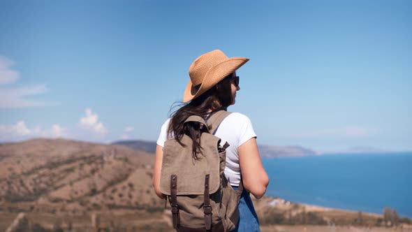 Relaxed Travel Female Admiring Beautiful Nature Landscape Enjoying Vacation Medium Shot