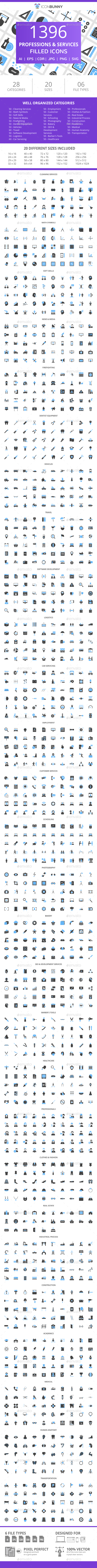 1396 Professions & Services Filled Blue & Black Icons