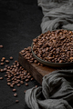 Roasted coffee beans in a plate on a wooden stand. Photo with fr - PhotoDune Item for Sale