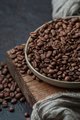 Coffee beans in a plate on a wooden stand. Close-up photography - PhotoDune Item for Sale