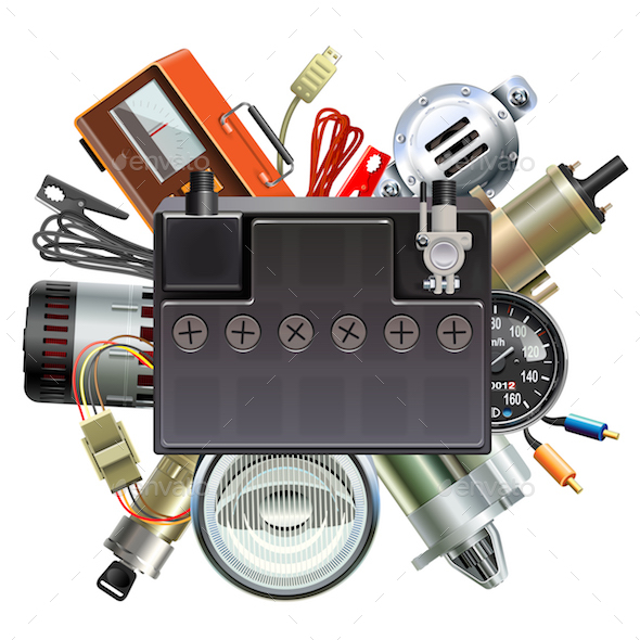 Vector Car Parts Concept with Car Battery