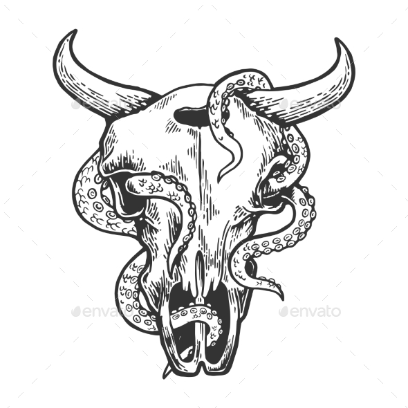 Octopus in Cow Skull Vector Illustration