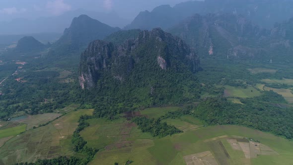 Natural landscapes around the city of Vang Vieng in Laos seen from the sky