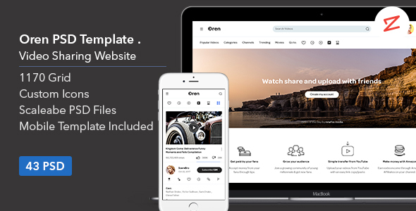 Oren: Video Sharing Website PSD Template