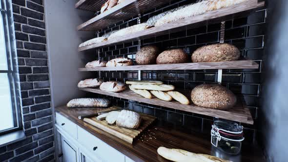 Fresh Bread on Shelves in Bakery