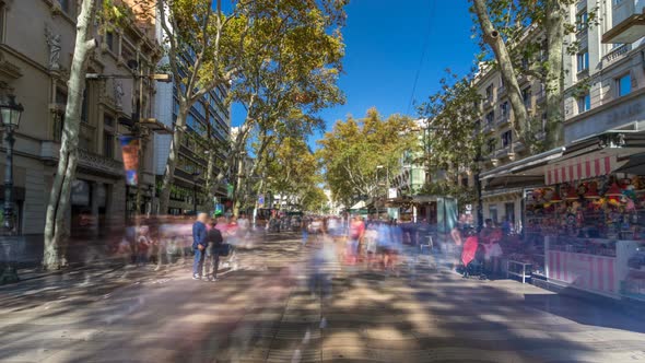 La Rambla Street in Barcelona Timelapse Hyperlapse, Spain