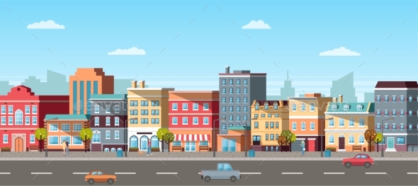 Panoramic View of City, Car and Pedestrian Vector