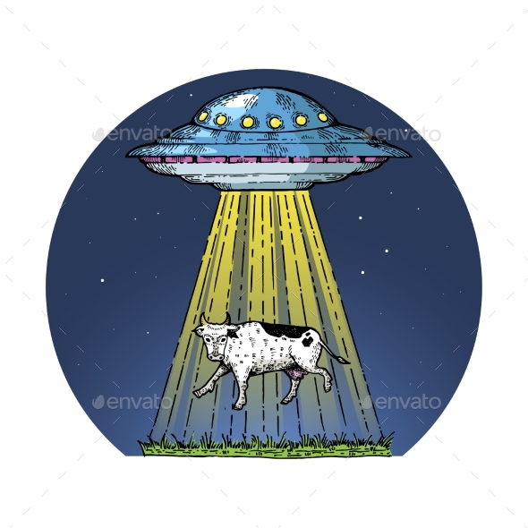 UFO Kidnaps the Cow Color Sketch Engraving