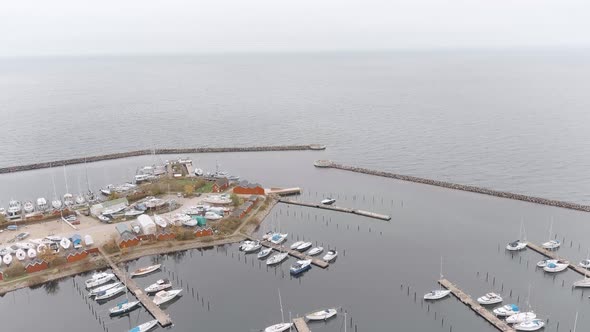 Aerial Footage Of Brondby Havn Harbour In Copenhagen On A Cloudy Day