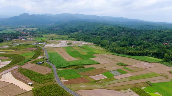 Road amid countryside farmland landscape Salaman village, Java Indonesia, aerial