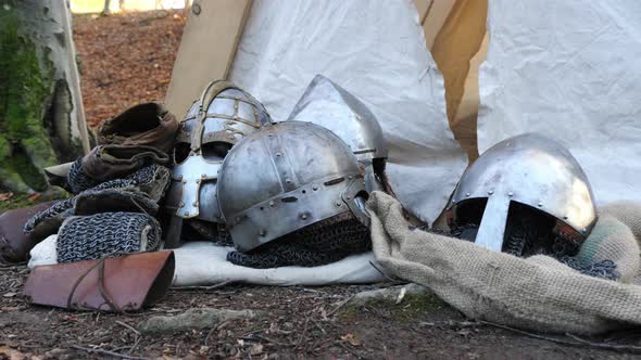 Iron helmets on the ground