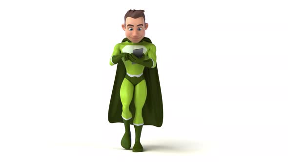 Fun 3D cartoon man walking with a smartphone alt