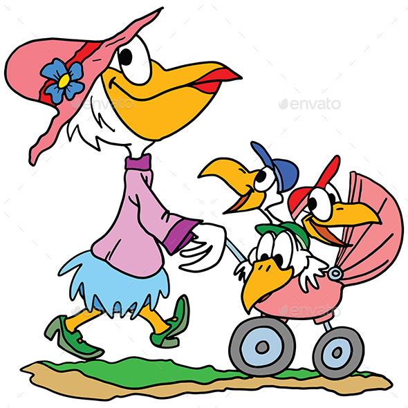 Cartoon Pelican Mother Taking Her Triplets for a Walk in the Park Vector Illustration