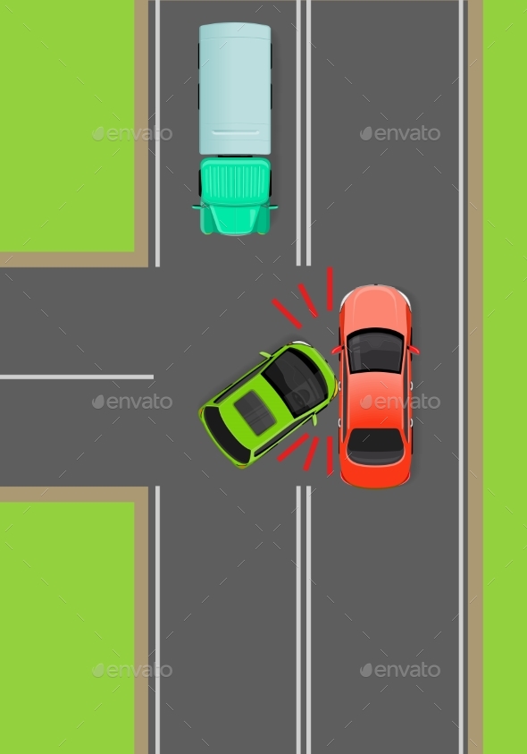 Clash of Cars on T-Junction Flat Vector Diagram