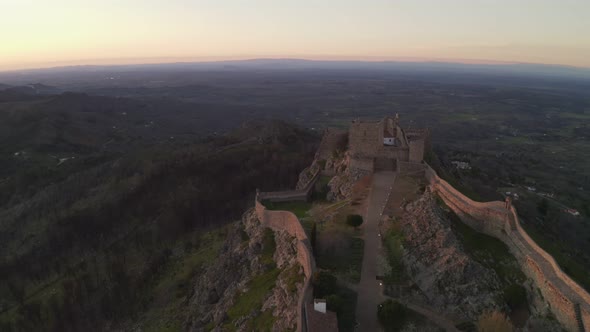 Aerial drone view of Marvao and the beautiful landscape of Serra de Sao Mamede mountains