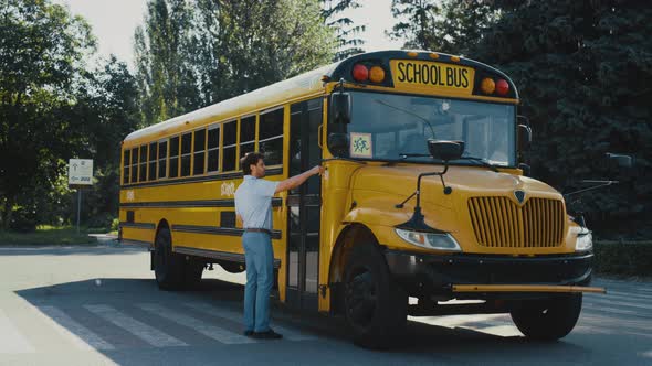 Man Driver Coming Up Schoolbus Press Button Alone