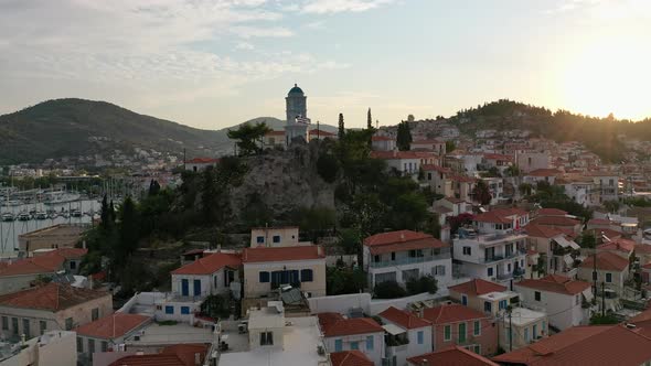 Aerial View of Poros Old Town and Marina or Seaport Greece  Drone Videography