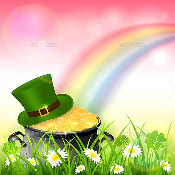 Patrick Day Rainbow on Pink Nature Background with Gold and Hat