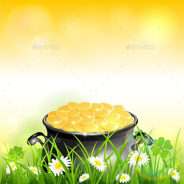 Patrick Day on Yellow Nature Background with Leprechauns Gold