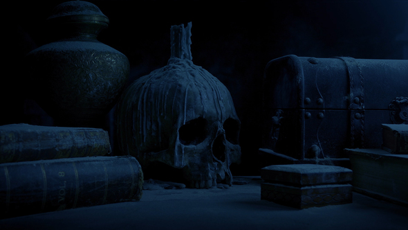 Old Table With Skull In Dark Castle