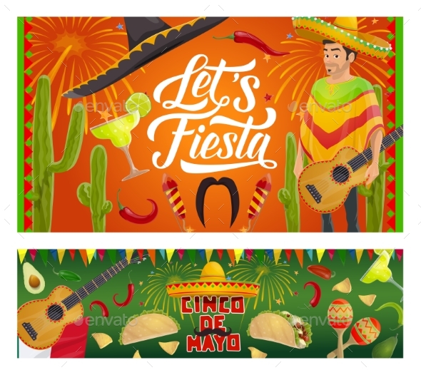 Mexican Cinco De Mayo Sombrero, Guitar, Cactus