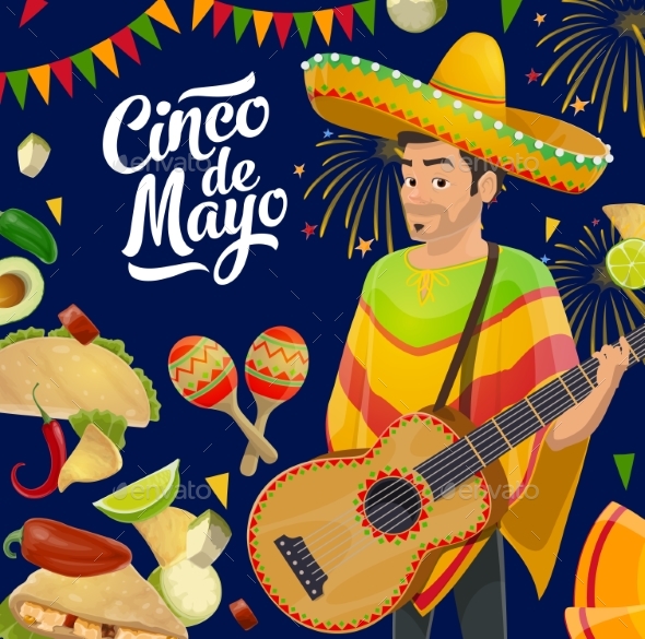 Mexican Holiday Guitar, Sombrero, Maracas, Flags