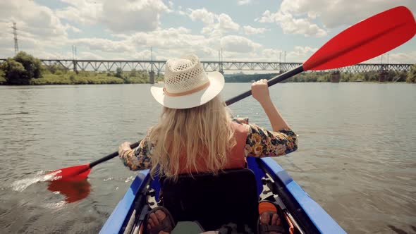 Swimming In Canoe, Girl Rowing On Kayak.Holiday Vacation Trip On Canoe, Tourist Fun Travel On Kayak