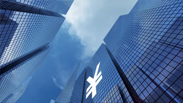 tall buildings with mirrored windows in the business district. the yuan sign is present.