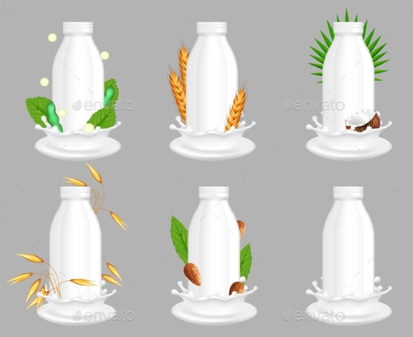 Cows and Plant Milk Bottle Package Vector