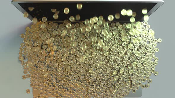 Laptop and Falling Bitcoin Tokens alt