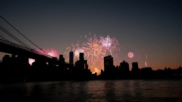 Wide View of Firework Over Manhattan the Sunset in New York Independence Day 4Th of July Fireworks