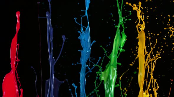 Colorful Paint Splashes in Super Slow Motion Isolated on Black Background 1000Fps