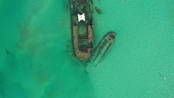Amazing clear water of Moreton Island. Shipwrecks artificial reef filed by drone. Queensland Austral