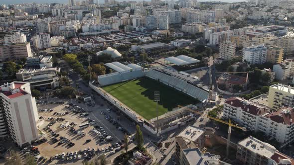 Aerial Top down view Soccer Stadium at city centre of Portimão - Algarve