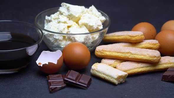 Ingredients for Cooking Tiramisu - Savoiardi Biscuit Cookies, Mascarpone, Cream, Sugar, Cocoa