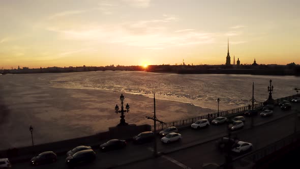 Aerial View at Sunset City and Bridge Saint-Petersburg, Russia