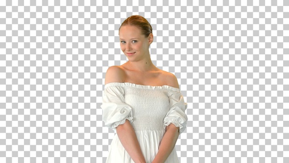 Beautiful Woman in White Dress posing to camera, Alpha Channel