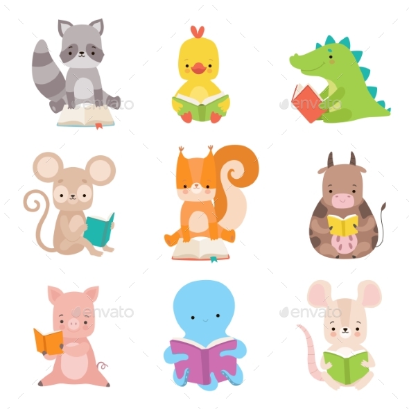 Cute Animals Characters Reading Books Set