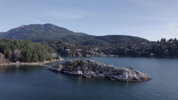 Aerial panoramic landscape view of Whytecliff Park, West Vancouver, Canada, with white rocks in calm