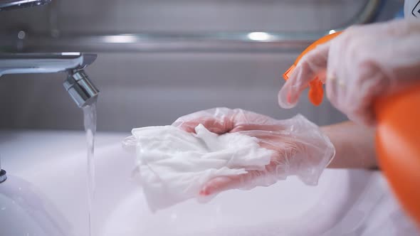 Woman in Gloves Washes the Faucet and Sink in the Bathroom, Sprays Foam on a Rag, Daily Cleaning and