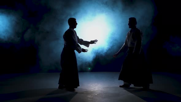 Two Fighters Practicing Aikido Technique, Silhouettes of Masters in Dark Studio with Smoke