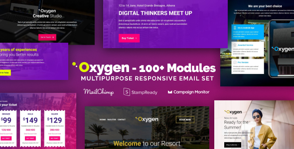 Oxygen - Uniwersalny zestaw e-mail z ponad 100 modułami + MailChimp Editor + StampReady + Online Builder