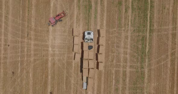 Tractor loading Hay bales onto a trailer, Aerial view.