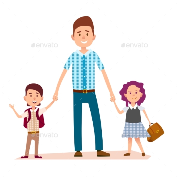 Father Stands and Holds Daughter's and Son's Hands