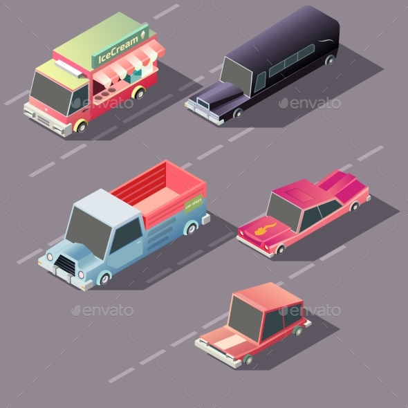 Retro Cars Moving on Highway Isometric Vector