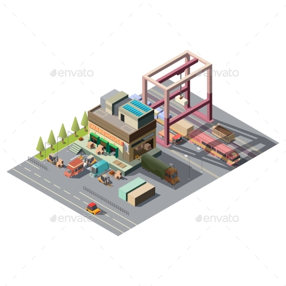 Warehouse with Cargo Cars Isometric Vector