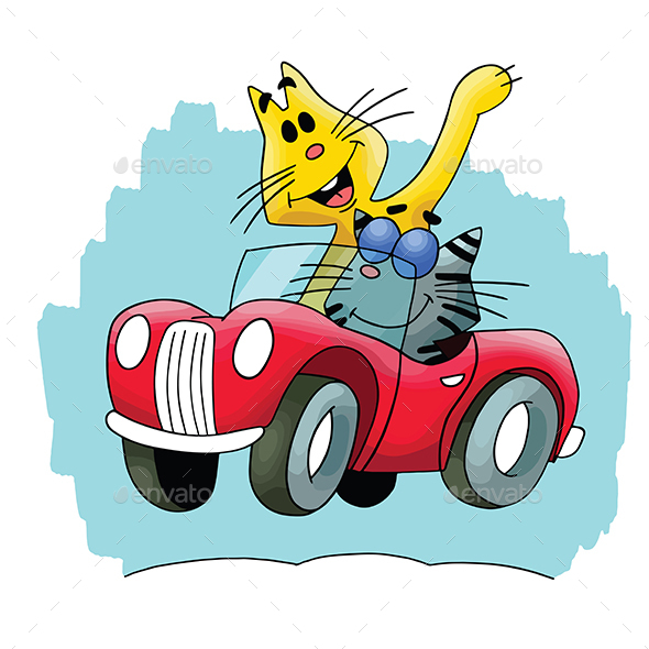 Cartoon Cats Travelling by a Red Convertible Car Vector Illustration
